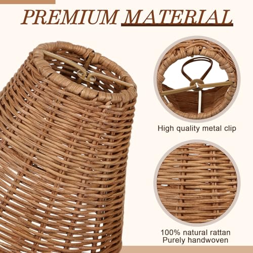 Set of 6 Rattan Lamp Shade Natural Rattan Clip-on Chandelier Lampshade Mini Handmade Woven Vintage Boho Farmhouse Wicker Table Light Cover for Candle Bulb (Round)