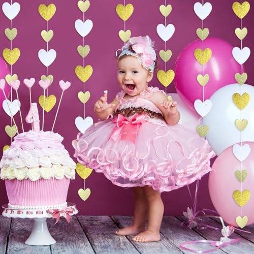 Gold-White Heart-Garland Streamers Engagement-Birthday Party-Decorations - 52Ft Glitter Champagne Hanging Banner Decor Wedding Congratulations Bachelorette Bridal Baby Shower Garsellen - color: Gold White Champagne