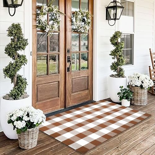Homydecor Buffalo Plaid Outdoor Rugs, 24'' x 51'' Coffe and White Checkered Area Rug, Layering Rug for Hello/Welcome Door Mat, Washable Cotton Woven Farmhouse Mat for Front Porch Décor - color: Coffee & White Plaid, size: 2' x 4'3" (Rectangular)