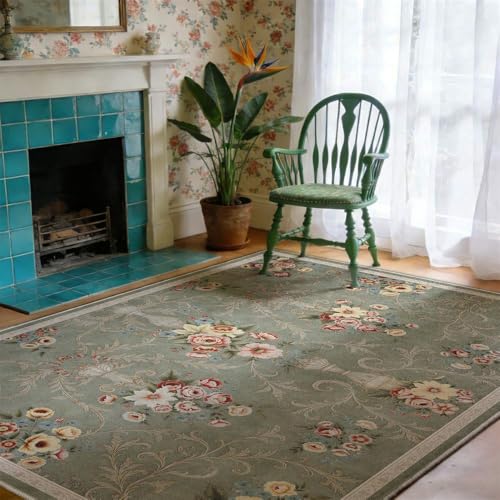 Helthep 5 * 7 Vintage Floral Area Rug, Washable Non-Slip Green, Soft Low Pile French Country Rug for Bedroom Living Room Dining Room, Pet Friendly Easy Care Rug - color: Green, size: 5' x 7' (Rectangular)