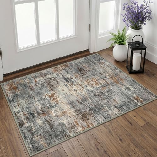 Lansny Abstract Small Area Rug 2x3 Entryway Rugs Washable Door Mat Entrance, Non Slip Kitchen Rugs, Rubber Backed Throw Rug Printed Faux Wool Floor Carpet for Front Door Foyer Entry Sink, Grey/Multi - color: Orange Grey Multi, size: 2' x 3' (Rectangular)