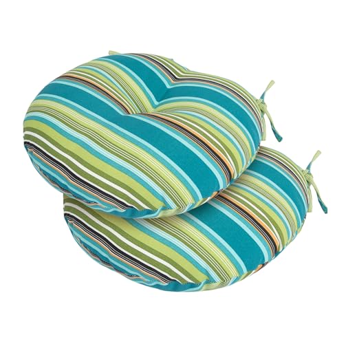 Bistro Chair Cushions 15 inch,Set of 2,Tufted Round Chair Cushions with Ties,15"x15"x4",Water Resistant Round Seat Cushion for Barstool Chairs,Patio Garden Kitchen Outdoor Furniture(Green Stripe) - color: Green Stripe, size: 15"x15"