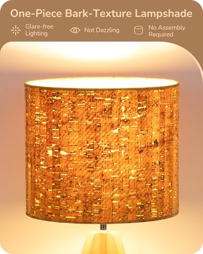 EDISHINE Small Table Lamp, Wooden Tripod Nightstand Lamp with Bark Linen Shade, Farmhouse Bedside Lamp for Nursery, Bedroom, Kids Room, Office, Reading Desk, 14.2 Inch, E26 Socket, ON/Off Switch - style: Cottage
