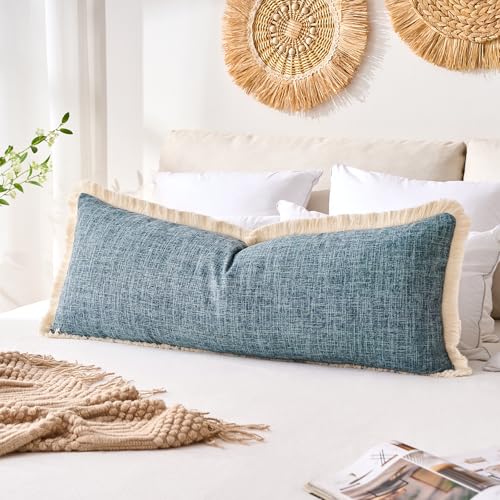14x36 Pillow Covers Farmhouse Long Blue Boho Faux Linen Decorative Fringed Rustic Woven Textured Burlap Lumbar Pillow Covers for Bed Sofa Bedroom Living Room Home Decor Cushion Cover Pack of 1 - color: Blue, size: 36" x 14" (Pack of 1)