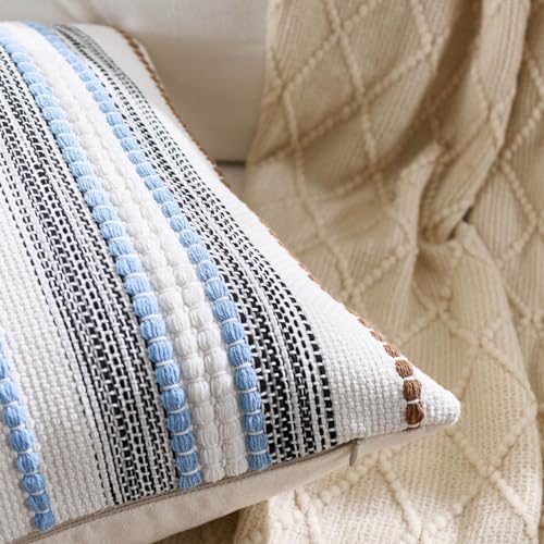 Pack of 2 Boho Throw Pillow Covers,Blue Brown White Striped Farmhouse Decorative Square Textured Woven Pillowcase for Sofa Couch Bed Living Room Decor,18x18 Inch