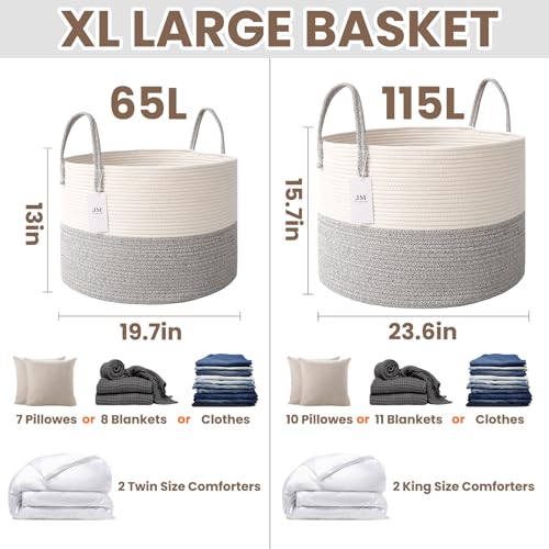 JMvicyroam 65L Extra Large Blanket Basket for Living Room - Woven Cotton Rope Laundry Hamper with Reinforced Handles - Storage Bin for Pillows, Comforters & Toys - Machine Washable,White&Grey - color: White&Grey, size: 65L