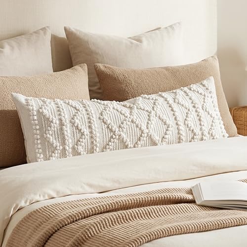 BlissBlush Pure White Decorative Lumbar Pillow Cover 14x36, Boho Long Throw Pillow for Bed, Accent Lumbar Throw Pillow Case, Modern Farmhouse Textured Lumbar Cushion (Cover ONLY) - color: White, size: 36" x 14" (Pack of 1)
