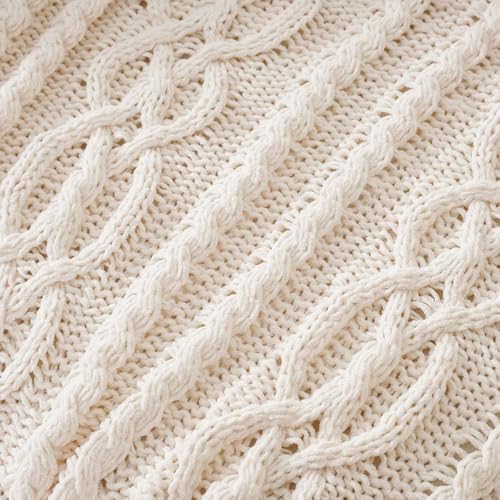 Battilo Cream White Ivory Throw Blanket for Couch, 51x 67 Inch, Woven Chenille Knit Throw Blanket for Chair, Super Soft Warm Decorative Textured Throw Blanket for Bed, Sofa and Living Room. - color: Ivory