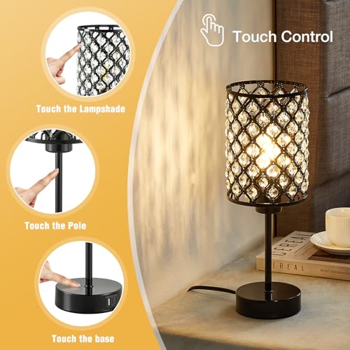GyroVu Crystal Table Lamp, Black Lamp for Bedroom Nightstand with USB C+A Ports, Dimmable Touch Lamp with Crystal Shade, Bedside Lamp Small Lamp for Bedroom, Living Room, Office (Bulb Included) - color: Black, size: 14.75"