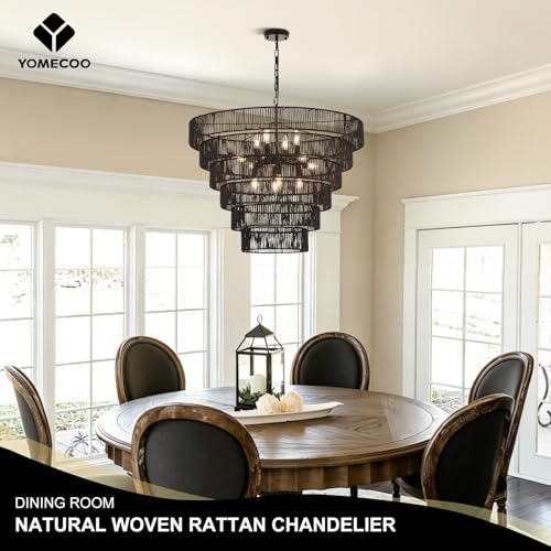 31.49" Large Rattan Black Chandelier for Dining Room, Farmhouse 12-Lights Boho Hand-Woven Bamboo Chandelier, Drum Wicker Black Chandeliers for Kitchen Island, Living Room, Bedroom, Entryway - color: Black 31IN