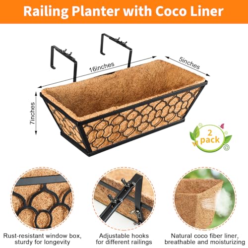 Riare 2 Pack 16 Inch Window Boxes Planters with Coco Liner, Metal Deck Railing Planter Boxes, Balcony Planters Railing Hanging, Horse Trough Window Flower Planter Boxes for Outdoor Porch Fence Patio - size: 16Inch