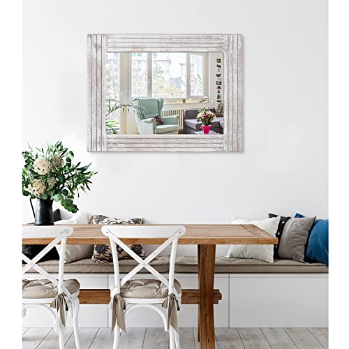 Wall Mirror Rustic Wooden Frame Rectangle Mirror Vintage Hanging Mirror for Bedroom Bathroom Living Room Farmhouse Wall Decor Large 26" x 18" - color: Rustic White, size: 26"L x 18"W