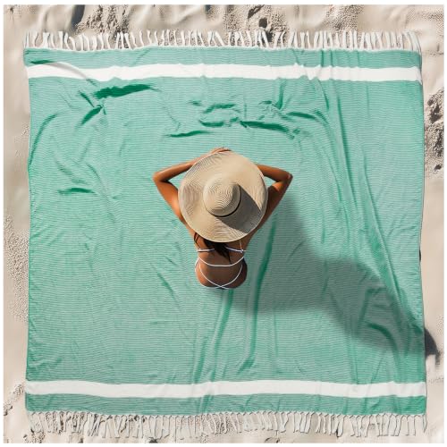 Vikumond Oversized Turkish Beach Towel Blanket XXL Cotton Sandproof Towels Boho Woven Extra Large Big Sand Free Giant Throw Blankets Huge Quilt XL Picnic Camping Necessities Cloud for Adult Gifts - color: Woven Green, size: Xxxl(88x82 In,224x208 Cm)