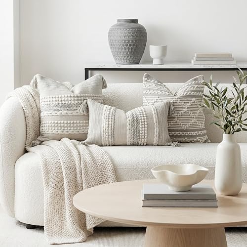BlissBlush Gray Decorative Throw Pillow Cover 20X20, Boho Accent Pillow for Couch, Square Modern Farmhouse Pillowcase for Living Room Couch Sofa Cushion Home Décor (Pack of 1) - color: Light Gray, size: 20" x 20" (Pack of 1)