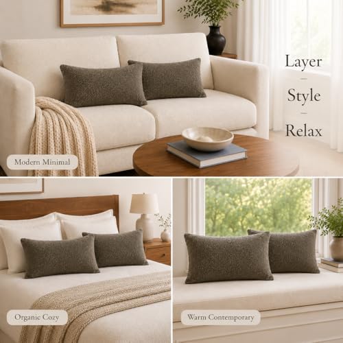 JoraLion 12x20 inch Boucle Throw Pillow Covers, Brown Woven Texture Neutral Pillow Cover Breathable Cushion Case for Couch Sofa Bed Living Room Home Decor, Pack of 2, No Insert - color: Brown, size: 20" x 12" (Pack of 2)