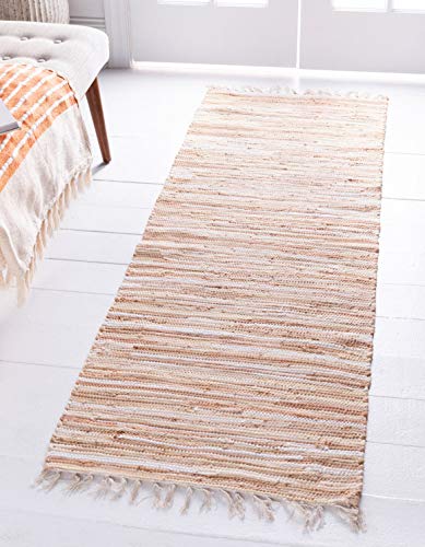 Unique Loom Chindi Cotton Collection Soft Hand Woven Natural Fiber Striped Area Rug, 2 ft x 6 ft, Beige/Ivory - color: Beige/Ivory, size: 2' x 6' (Runner)