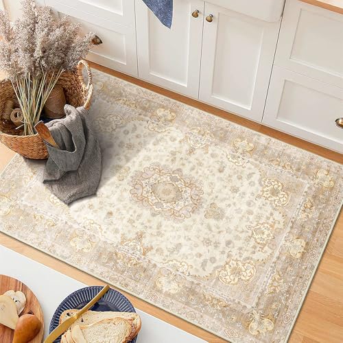 Small Rugs 2'x3',Boho Rug for Entryway Bathroom Kitchen Entrance Doormat,Vintage Bohemian Distressed Washable Accent Indoor Mat Floor Throw Carpet Non Slip,Beige Gold Floral - color: Beige, size: 2'x3'
