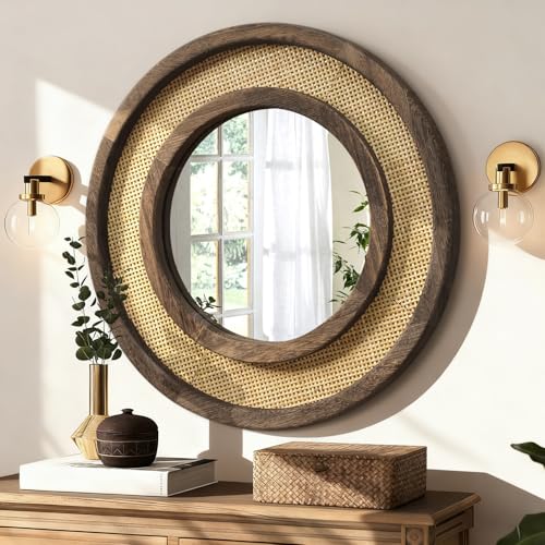 JJUUYOU Circle Wall Mirror with Retro Wood Frame Round Rattan Mirrors Decorative for Bedroom Living Room Bathroom Entryway Hallway Hanging 16 Inch - color: Round Mirror-dark Brown, size: 16"L x 16"W