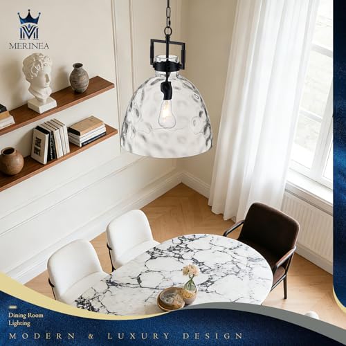 Glass Pendant Light, 13.8 Inch Single Hanging Ceiling Light with Adjustable Chain, E26 Base Oversized Hammered Clear Glass Kitchen Island Pendant Lighting in Matte Black for Dining Room, Entryway - color: Large Black