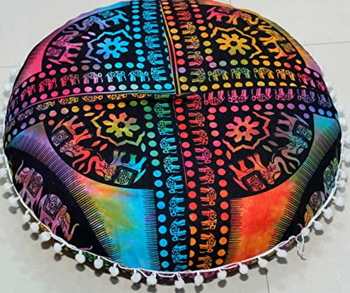CRAFT KALA Mandala Floor Pillow Cushion Cover Seating Throw Cover Hippie Decorative Bohemian Ottoman Poufs Pom Pom Pillow Cases Boho Indian Cotton Living Room Home Décor 24" Round, Multi U.p Elephant - color: Multi U.p Elephant, size: 24" x 24" (Pack of 1