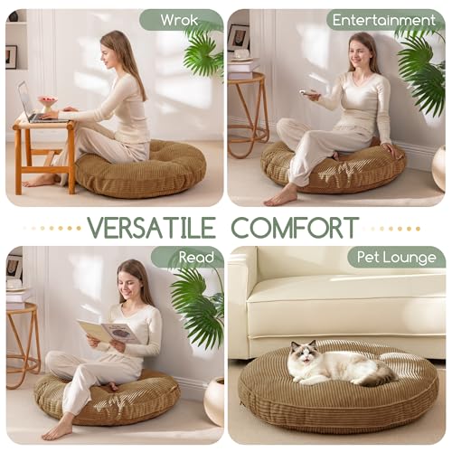 HIGOGOGO 35" Floor Pillow Cushion for Adults, Meditation Cushion Pillow, Extra Large Square Floor Sitting, Tufted Corduroy Cover for Tatami Living Room or Yoga, Coffee - color: Coffee, size: 4" Thick Round