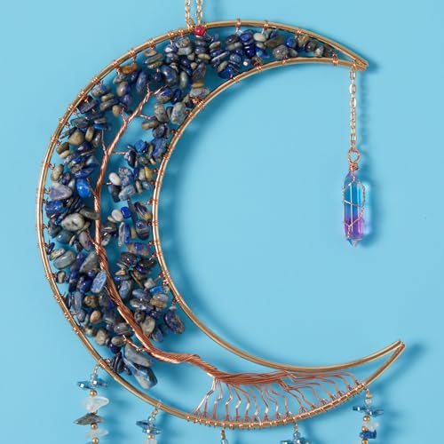 Agate Gemstone Dream Catcher 7 Chakra Tree of Life Dream Catcher with Rainbow Crystal Stones Handmade Dreamcatcher Wall Decor for Adults Boys Girls,Bedroom,Wedding,Garden,Bless Gift(Blue Moon) - color: Blue Moon Agate