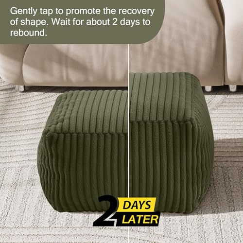 MeMoreCool Square Stuffed Pouf Ottoman Foot Rest, Stripe Furry Floor Pouf Foot Stool with Foam Chunk Filling, Soft Fluffy Stuffed Ottoman Footrest for Living Room, Faux Fur Green - color: Ribbed Green