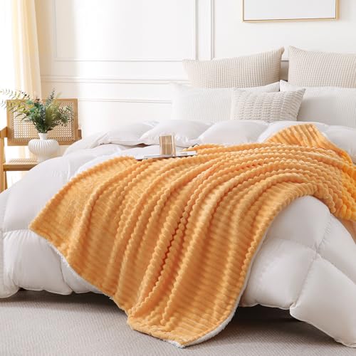 Warm Yellow Sherpa Fleece Throw Blanket 60”×80” for Couch Sofa Bed,Super Soft Cozy Plush Double Side Thick Flannel Blanket with Striped Design Lightweight for Adults,Woman,Girls - color: Warm Yellow, size: 60×80inch
