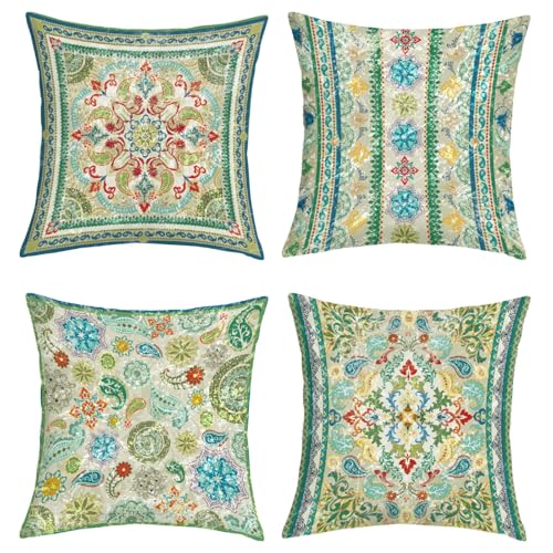 Boho Oriental Mandala Floral Throw Pillow Covers 18x18 Inch Set of 4 Vintage Paisley Geometric Flower Leaves Cushion Covers Home Decor for Couch Cushion Cases - color: Green