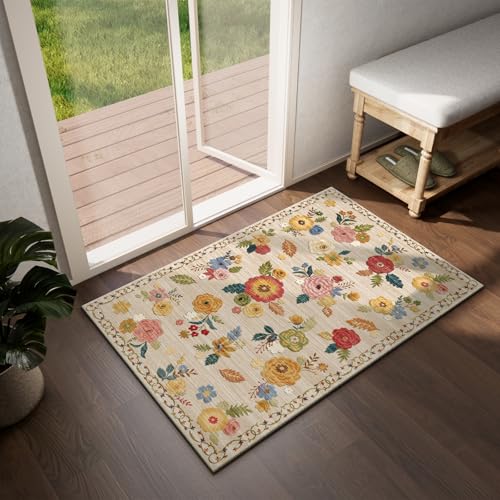 2x3 Small Area Rugs for Entryway: Washable Rug Non Slip Door Mat Indoor Entrance Faux Wool Soft Low Pile Floral Throw Rugs for Inside Front Door Floor Bedroom Kitchen Nursery Dorm Entry Home Office - color: Beige Floral, size: 2' x 3' (Rectangular)