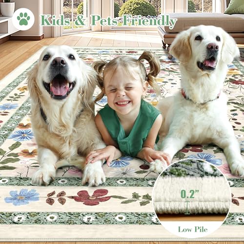 Floral Area Rugs 3x5 Small Thin Entryway Rug - Vintage Boho Washable Non-Slip Living Room Carpet Soft Low Pile Bedroom Floor Mat Indoor Home Decor for Dining Room Playroom Farmhouse, Beige/Green/Multi - color: Beige/Green/Multi, size: 3' x 5' (Rectangular