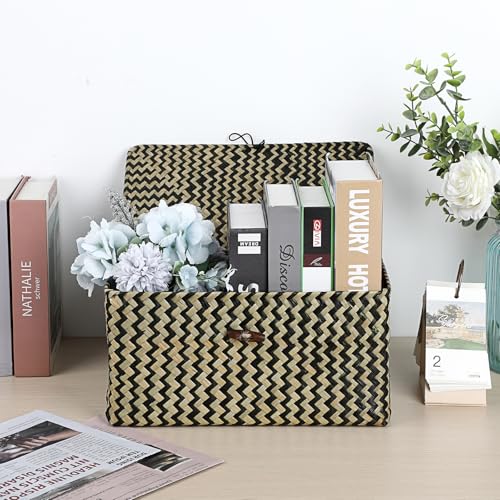 Hipiwe Wicker Shelf Baskets with Lid Seagrass Storage Baskets Handwoven Household Organizer Rectangular Woven Organizer Box for Storage Shelf Wardrobe,Medium - color: Black, size: Medium