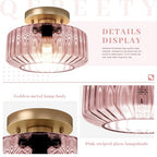Pink Ribbed Glass Flush Mount Ceiling Light, 8.66" Modern Gold 1-Light Semi-Flush Mount Light Fixture, Mid-Century Round Ceiling Lamp for Bedroom Bathroom Hallway Entryway - color: Small, 8.66" Pink
