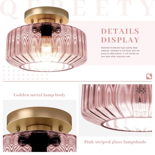 Pink Ribbed Glass Flush Mount Ceiling Light, 8.66" Modern Gold 1-Light Semi-Flush Mount Light Fixture, Mid-Century Round Ceiling Lamp for Bedroom Bathroom Hallway Entryway - color: Small, 8.66" Pink
