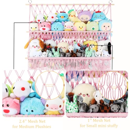 2 Tier Stuffed Animal Storage Shelf Net, 35x30'' Large Plushie Net w/ 2.4/1'' Dense Mesh for Mini Medium Stuffy Teddy, Pink Boho Macrame Plushies Storage Holder w/ Lights&Clips for Nursery Decor - color: Light Pink, size: Large-2 Tier-35x30 Inch