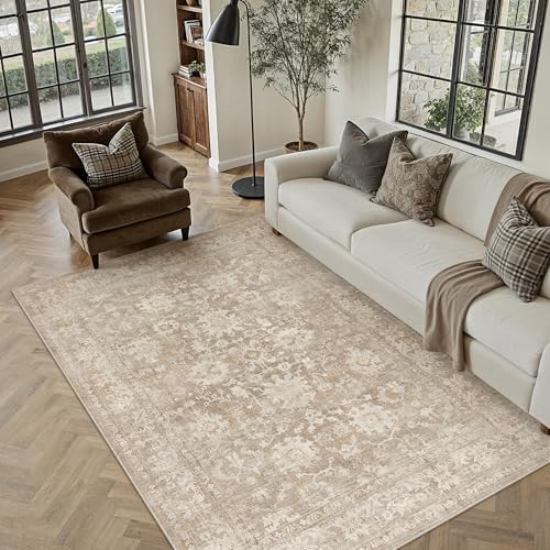 HUGEAR 6x9 Area Rug Beige Machine Washable Rug Room Decor Vintage Distressed Living Room Carpet Non Slip Low Pile Throw Rugs for Bedroom Dining Room Office Soft Lightweight - color: A| Beige, size: 6' x 9' (Rectangular)