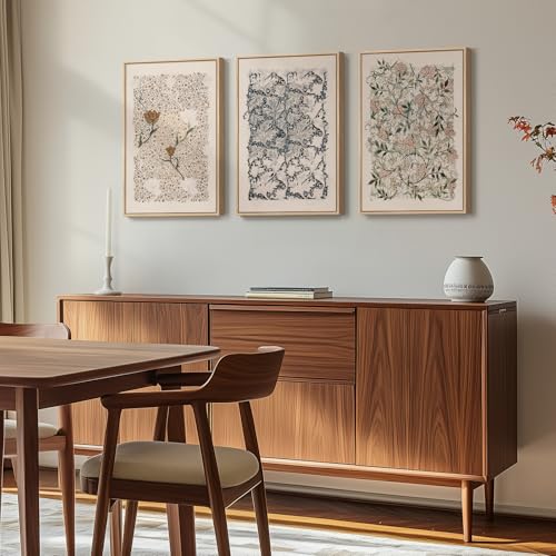 Framed William Morris Canvas Wall Art for Living Room, Set of 3 Large Neutral Floral Botanical Prints, Vintage Rustic Boho Pictures for Bedroom Hallway Office, 16x24 Inch - color: Neutral Floral, size: 16"W x 24" H x 3Pcs