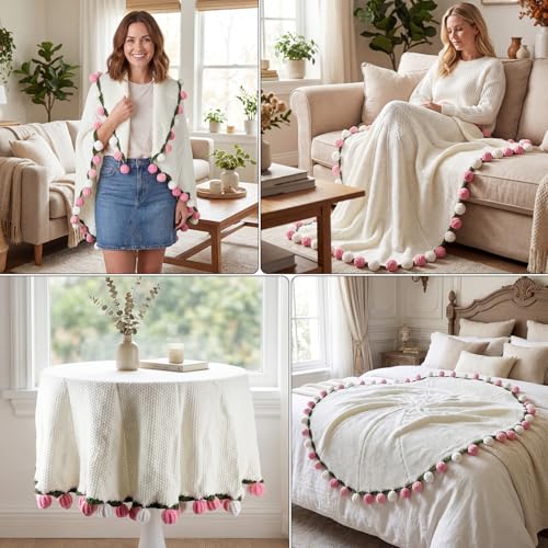 Tenn Well Crochet Bouquet Blanket, Gifts for Mom Daughter Grandkids Her Wife Girlfriend, Soft Knitted Throw Blankets,Housewarming Gifts for Birthday Anniversary (Pink and White Roses)