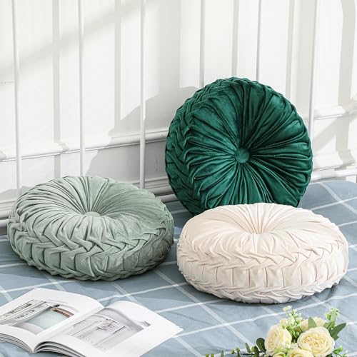 Drydiet 3 Pcs Round Throw Velvet Pillows Decorative Pleated Throw Pillows Diameter Accent Pumpkin Boho Chair Cushion for Couch Sofa Home Decoration (White,Light Green,Green,15'') - color: White, Light Green, Green, size: 15''