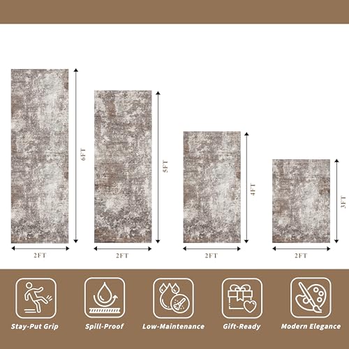 4-Piece Kitchen Rug Set with Runner – Washable Non-Slip Floor Mats for Sink,Entryway,Hallway,Bathroom – Modern Abstract Neutral Soft Throw Rugs(Brown Beige,2x3+2x4+2x5+2x6) - color: Brown Beige, size: 2x3+2x4+2x5+2x6