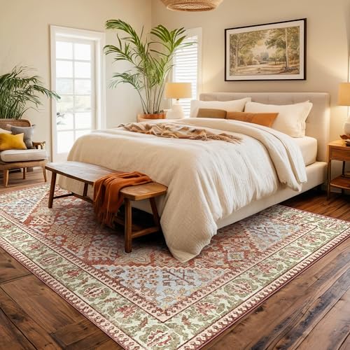 6x9 Area Rugs for Living Room, Machine Washable Low Pile Rug, Non Slip Backing Boho Rugs for Bedroom, Printed Soft Vintage Carpet Orange 6 x 9 - color: 03/Cinnamon/Clay/Laurel/Babyblue, size: 6' x 9' (Rectangular)