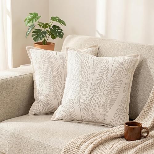 Floral Cushion Covers Leaf Pattern Throw Pillow Covers 20x20 Set of 2 William Morris Decorative Pillow Covers for Bed Couch Living Room Chenille Jacquard Accent Home Decor Cream White - color: Leaf White, size: 20" x 20" (Pack of 2)