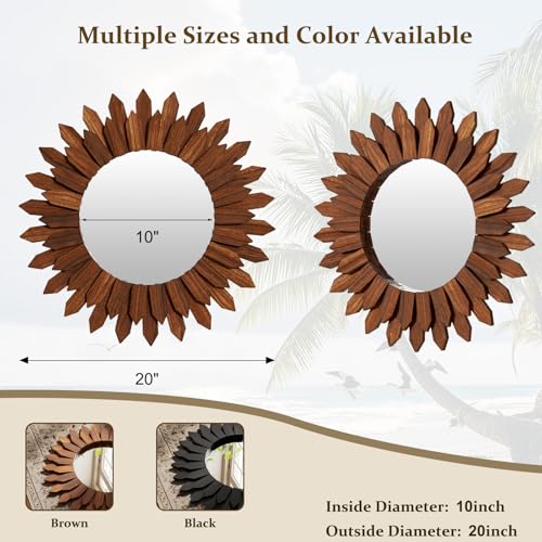 Boho Wood Sunburst Round Wall Mirror, 20 Inch Rustic Circle Wooden Frame Decorative Mirror for Farmhouse Coastal Home, Home Wall Decor for Living Room Entryway Bedroom, Walnut - color: Walnut, size: 20"L x 20"W