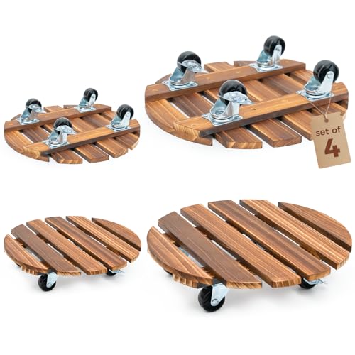 Bamworld Plant Stand with Wheels Plant Caddy Outdoor 4 Pack 12in Rolling Planter Caddy with Swiveling and Lockable Caster for Indoor Patio Plant Dolly Wood Wheeled Mobile Roller - size: 12inch-4 pack