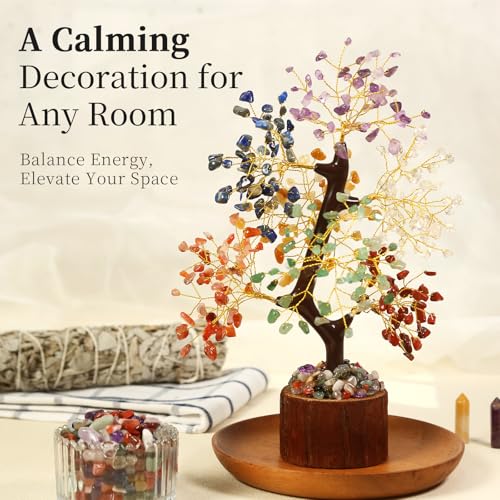 Crystal Tree of Life with Chakra Stones - Healing Crystals Decor for Desk & Home, Housewarming Gifts for New Home, Unique Birthday Gifts for Women, Sisters, Friends (7 Chakra Tree Wooden Base)