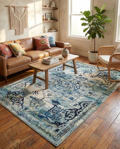 Rugs.com Fleur Collection Rug – 5' x 8' Blue Medium-Pile Rug Perfect for Bedrooms, Dining Rooms, Living Rooms - color: Blue 12, size: 5' x 8' (Rectangular)