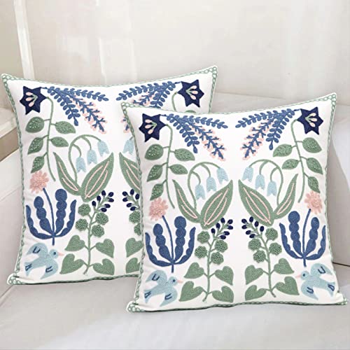 Pack of 2 Embroidered Decorative Throw Pillow Cover 18x18 Inch Farmhouse Floral Pillowcase for Living Room Sofa Bed (Bird Flower) - color: Bird Flower