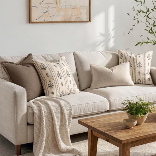 Decorative Vintage Striped Floral Throw Pillow Covers 22x22 Inch Set of 2 Brown Farmhouse Boho Botanical Print Cushion Covers for Sofa Couch Chair Bedroom Living Room Summer Home Decor - color: Brown, size: 22" x 22" (Pack of 2)