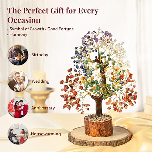 Crocon® 7 Chakra Crystal Tree of Life, Crystals and Healing Stones Money Tree for Positive Energy, Good Luck, Spiritual, Meditation Home Decor, Birthday Gifts for Women, Men, Mom & Sister | 10-12" - color: 001 Seven Chakra (Golden Wire)