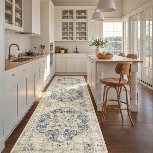 Tortania Area Rug 2x6 Runner Rugs - Washable Vintage Oriental Farmhouse Thin Indoor Carpet for Living Room Bedroom Hallway Entryway Kitchen Under Dining Table Home Office - Cream/Blue - color: Cream/Blue, size: 2' x 6' (Runner)